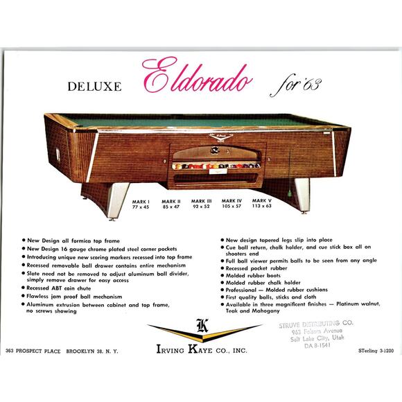 1963 Deluxe Eldorado Pool Table Vintage Advertising Flyer Brooklyn NY - Picture 1 of 2